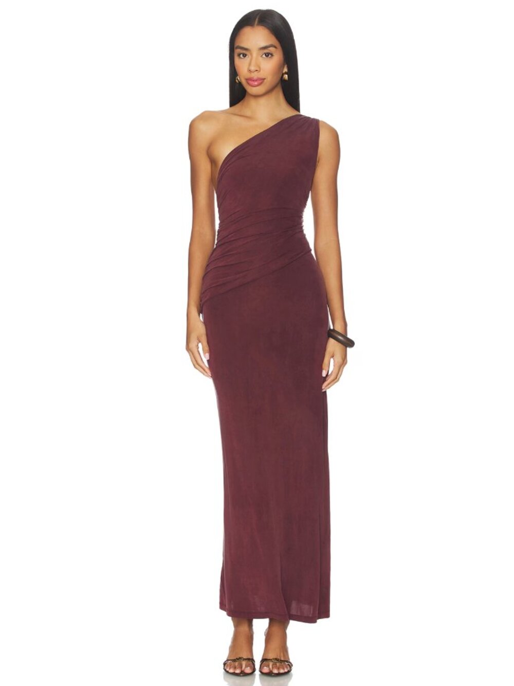 Peachy Den Amelia One Shoulder Maxi Dress in Hot Chocolate Brown Formal Gown
